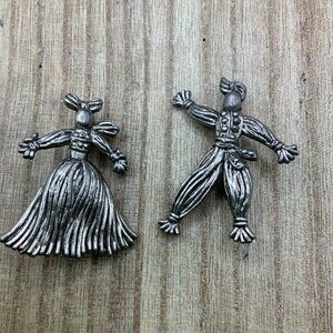 Rag Doll Scarecrow Pair Vintage Silver Tone Brooch Pin
